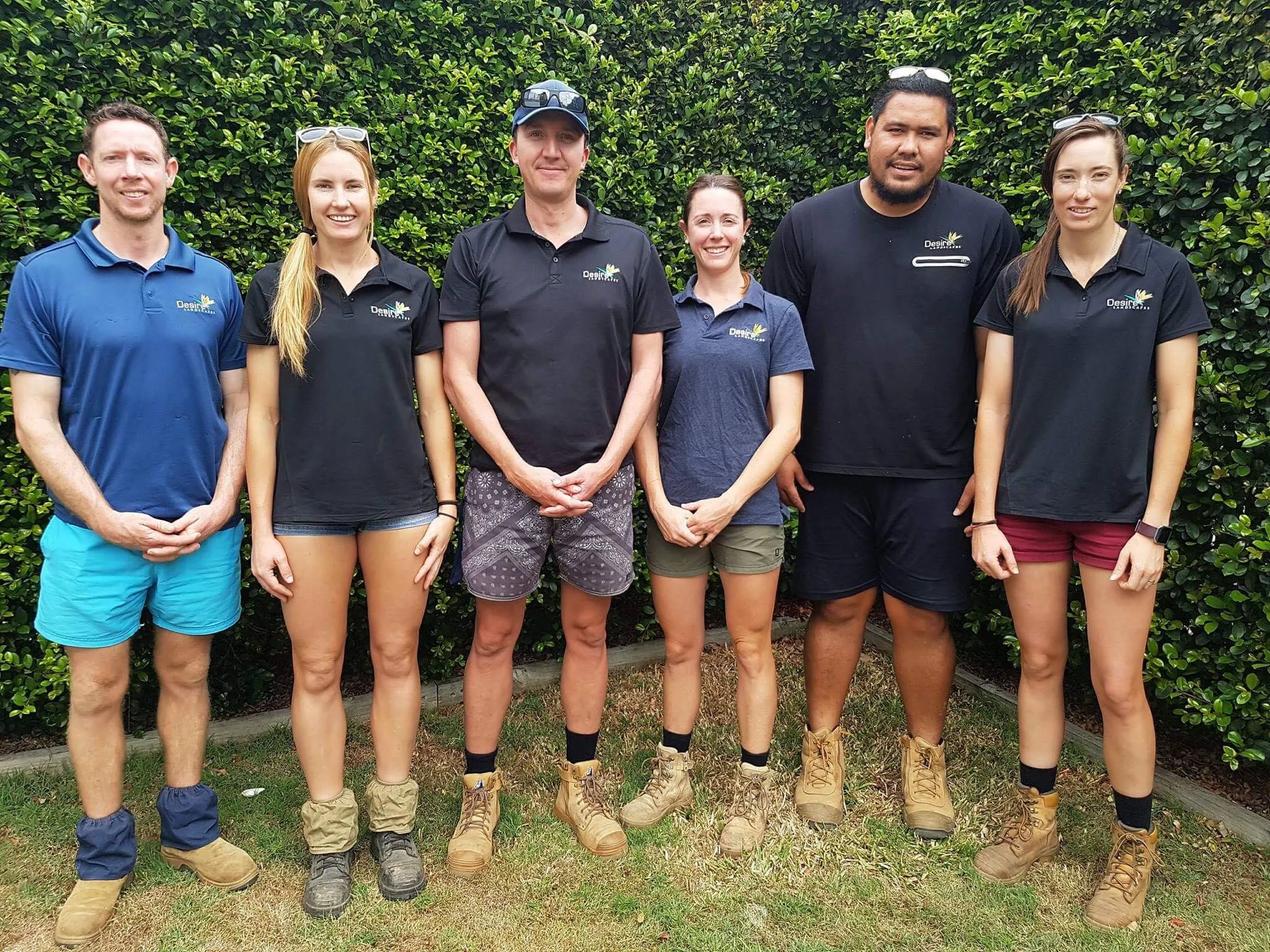 The Desire Landscapes team standing together in uniform in front of a green hedge