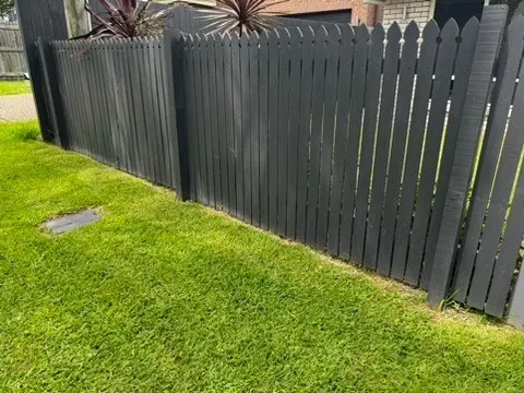Charcoal painted timber picket fence above a healthy green lawn