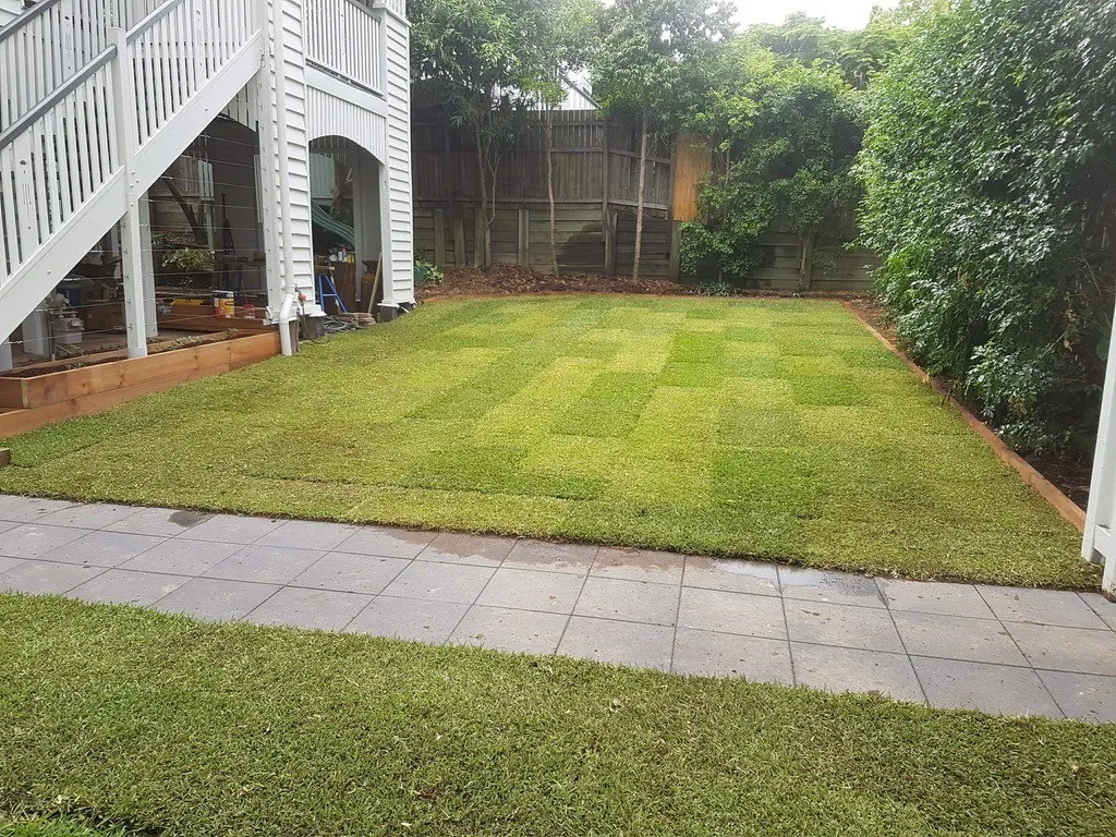 Freshly laid turf in the backyard of a Queenslander home with white timber stairs and paved path